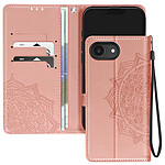 Avizar Étui Fleurs Mandala pour iPhone 16e Portefeuille Dragonne Rose champagne