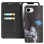 Avizar Étui pour iPhone 16e Motif Chat et Papillon Dragonne et Porte-Carte Noir