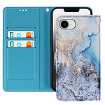 Avizar Étui pour iPhone 16e Motif Marbre Océan avec Dragonne et Porte-Carte Bleu