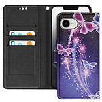 Avizar Étui pour iPhone 16e Motif Papillon lumineux Dragonne et Porte-Carte Noir