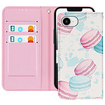 Avizar Étui pour iPhone 16e Motif Macarons avec Dragonne et Porte-Carte Blanc