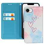 Avizar Étui pour iPhone 16e Motif Cœur avec Dragonne et Porte-Carte Bleu / Rose