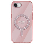 Guess Coque MagSafe pour iPhone 16e Fine Anneau Pailleté Coins renforcés Rose clair