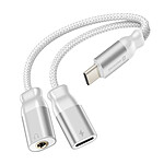 Swissten Adaptateur de Charge USB-C 2-en-1 Audio 3.5mm Nylon Tressé Anti-noeuds Blanc