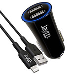 Jaym Pack Chargeur Allume-cigare 2 USB-A 12W avec Câble USB-A vers Lightning MFi 1m Noir