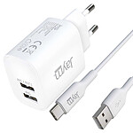 Jaym Pack Chargeur Secteur 2 USB-A 2.4A 12W avec Câble USB-A vers USB-C 2m Blanc
