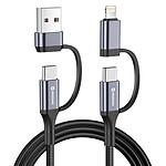 Swissten Câble Interchangeable 4-en-1 USB-C vers USB-A et Lightning 60W 1.5m Noir