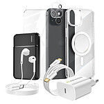 Mayaxess Pack Complet pour iPhone 15 Coque, Verre, Chargeurs, Batterie externe, écouteurs (7 pièces) Transparent