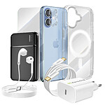 Mayaxess Pack Complet pour iPhone 17 Coque, Verre, Chargeurs, Batterie externe, écouteurs (7 pièces) Transparent