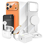 Mayaxess Pack Elite pour iPhone 17 Pro Coque, Verre, Chargeurs, Batterie externe, Magsafe, Écouteurs Bluetooth (8 pièces) Transparent