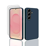 Evetane Coque Galaxy S25 Silicone liquide Bleu + 2 Vitres en Verre trempé Protection écran Antichocs