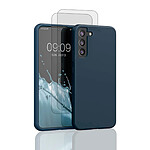 Evetane Coque Galaxy S22+ Silicone liquide Bleu + 2 Vitres en Verre trempé Protection écran Antichocs
