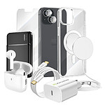 Mayaxess Pack Elite pour iPhone 13 Coque, Verre, Chargeurs, Batterie externe, Magsafe, Écouteurs Bluetooth (8 pièces) Transparent