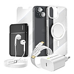 Mayaxess Pack Complet pour iPhone 13 Coque, Verre, Chargeurs, Batterie externe, écouteurs (7 pièces) Transparent