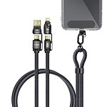 LinQ Cordon Tour du Cou 4 en 1 USB 5A USB-C 240W Lightning Charge Rapide Anti-noeuds Noir