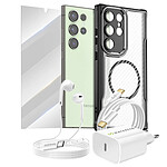 Mayaxess Pack Essentiel pour Galaxy S24 Ultra Coque, Verre, Chargeur, Écouteurs (5 pièces) Noir transparent