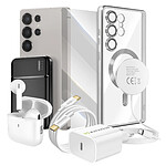 Mayaxess Pack Elite pour Galaxy S25 Ultra Coque, Verre, Chargeur, Batterie Externe, Magsafe, Écouteurs Bluetooth (7 pièces) Argent