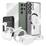 Mayaxess Pack Elite pour Galaxy S23 Ultra Coque, Film, Chargeur, Batterie externe, Magsafe, Écouteurs Bluetooth (7 pièces) Violet