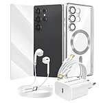 Mayaxess Pack Essentiel pour Galaxy S25 Ultra Coque, Verre, Chargeur, Écouteurs (5 pièces) Argent