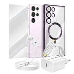 Mayaxess Pack Essentiel pour Galaxy S23 Ultra Coque, Film, Chargeur, Écouteurs (5 pièces) Violet