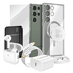 Mayaxess Pack Elite pour Galaxy S23 Ultra Coque, Film, Chargeur, Batterie externe, Magsafe, Écouteurs Bluetooth (7 pièces) Argent