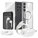 Mayaxess Pack Complet pour Galaxy S23 Ultra Coque, Film, Chargeur, Batterie externe, Écouteurs (6 pièces) Argent