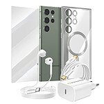 Mayaxess Pack Essentiel pour Galaxy S23 Ultra Coque, Film, Chargeur, Écouteurs (5 pièces) Argent