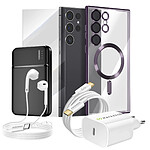 Mayaxess Pack Complet pour Galaxy S23 Ultra Coque, Film, Chargeur, Batterie externe, Écouteurs (6 pièces) Violet