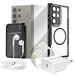 Mayaxess Pack Complet pour Galaxy S24 Ultra Coque, Verre, Chargeur, Batterie Externe, Écouteurs (6 pièces) Noir transparent