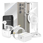 Mayaxess Pack Elite pour Galaxy S24 Ultra Coque, Verre, Chargeur, Batterie Externe, Magsafe, Écouteurs Bluetooth (7 pièces) Transparent