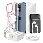 Mayaxess Pack Complet pour  iPhone 15 Pro Coque, Verre, Chargeur, Batterie externe, écouteurs (6 pièces) Rose