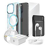 Mayaxess Pack Complet pour  iPhone 15 Pro Coque, Verre, Chargeur, Batterie externe, écouteurs (6 pièces) Bleu