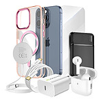 Mayaxess Pack Elite pour iPhone 15 Pro Coque, Verre, Chargeur, Batterie Externe, Magsafe, Écouteurs Bluetooth (7 pièces) Rose