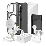Mayaxess Pack Elite pour iPhone 15 Pro Coque, Verre, Chargeur, Batterie Externe, Magsafe, Écouteurs Bluetooth (7 pièces) Noir