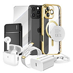 Mayaxess Pack Elite pour iPhone 16 Pro Max Coque, Verre, Chargeur, Batterie Externe, Magsafe, Écouteurs Bluetooth (7 pièces) Dorée