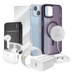 Mayaxess Pack Elite pour  iPhone 14 Coque, Verre, Chargeur, Batterie Externe, Magsafe, Écouteurs Bluetooth (7 pièces) Violet