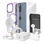 Mayaxess Pack Elite pour iPhone 15 Pro Coque, Verre, Chargeur, Batterie Externe, Magsafe, Écouteurs Bluetooth (7 pièces) Violet