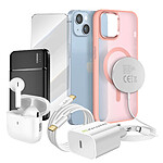 Mayaxess Pack Elite pour  iPhone 14 Coque, Verre, Chargeur, Batterie Externe, Magsafe, Écouteurs Bluetooth (7 pièces) Rose