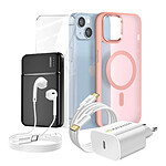 Mayaxess Pack Complet pour  iPhone 14 Coque, Verre, Chargeur, Batterie externe, écouteurs (6 pièces) Rose