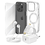 Mayaxess Pack Essentiel pour iPhone 15 Pro Coque, Verre, Chargeur, Écouteurs (5 pièces) Transparent
