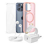Mayaxess Pack Essentiel pour iPhone 15 Pro Max Coque, Verre, Chargeur, Écouteurs (5 pièces) Rose