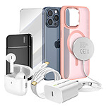 Mayaxess Pack Elite pour iPhone 15 Pro Max Coque, Verre, Chargeur, Batterie Externe, Magsafe, Écouteurs Bluetooth (7 pièces) Rose
