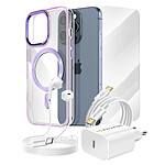 Mayaxess Pack Essentiel pour iPhone 15 Pro Coque, Verre, Chargeur, Écouteurs (5 pièces) Violet