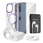 Mayaxess Pack Complet pour  iPhone 15 Pro Coque, Verre, Chargeur, Batterie externe, écouteurs (6 pièces) Violet