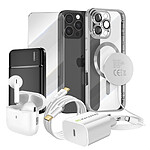 Mayaxess Pack Elite pour iPhone 16 Pro Max Coque, Verre, Chargeur, Batterie Externe, Magsafe, Écouteurs Bluetooth (7 pièces) Argent