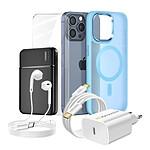 Mayaxess Pack Complet pour  iPhone 15 Pro Max Coque, Verre, Chargeur, Batterie externe, écouteurs (6 pièces) Bleu