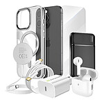 Mayaxess Pack Elite pour iPhone 15 Pro Coque, Verre, Chargeur, Batterie Externe, Magsafe, Écouteurs Bluetooth (7 pièces) Argent