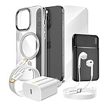 Mayaxess Pack Complet pour  iPhone 15 Pro Coque, Verre, Chargeur, Batterie externe, écouteurs (6 pièces) Argent