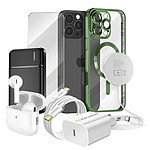 Mayaxess Pack Elite pour iPhone 16 Pro Max Coque, Verre, Chargeur, Batterie Externe, Magsafe, Écouteurs Bluetooth (7 pièces) Vert