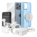 Mayaxess Pack Elite pour iPhone 15 Pro Max Coque, Verre, Chargeur, Batterie Externe, Magsafe, Écouteurs Bluetooth (7 pièces) Bleu